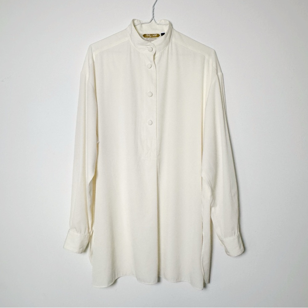 VTG Women Beige Microfibre Satin Like Stand Neck Collar  Top M but fits Large